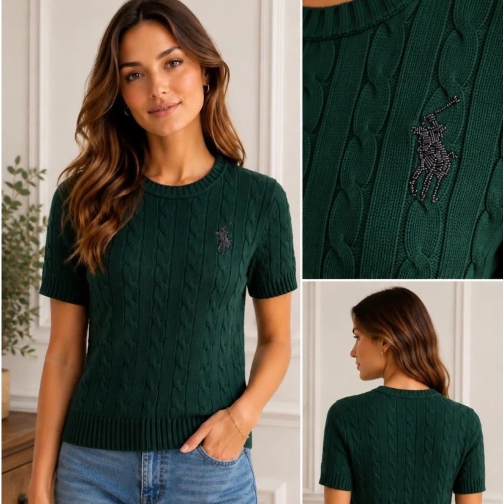 NWT Polo Ralph Lauren Womens L Beaded Big Pony Cable Knit Short Sleeve Sweater